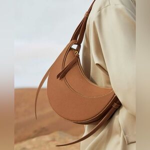 Tan Leather Crescent Shoulder Bag with Adjustable Strap